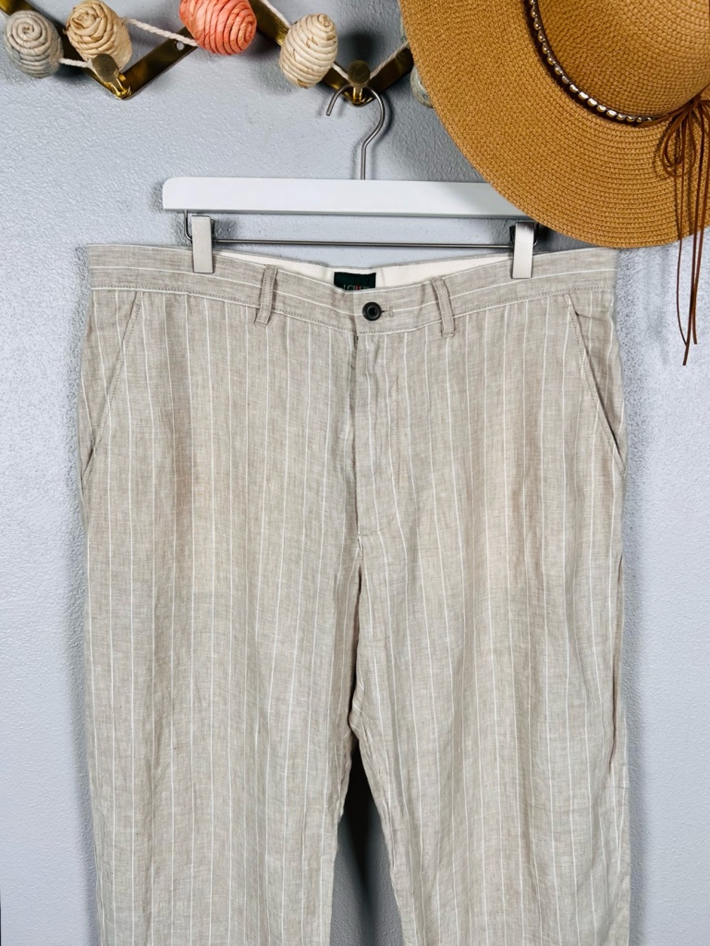 J. Crew Classic Fit Linen Trousers 36x30 Khaki Ivory Pinstripe NWT Men's - Picture 3 of 10